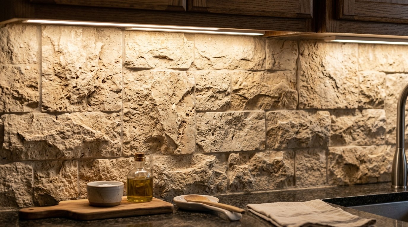 Close up of rough stone tiles on a kitchen wall with countertop items under bright cabinet lights.