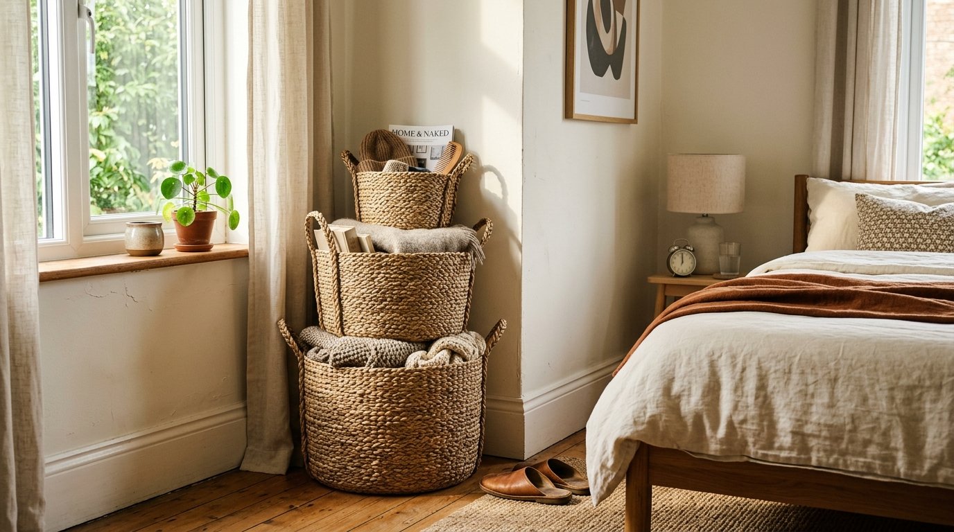 A stack of three round woven baskets filled with textiles next to a bed with linen bedding.