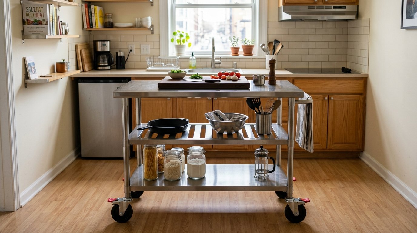 Stainless steel kitchen cart on wheels holding cooking utensils, a cast iron skillet, and jars of dry goods.