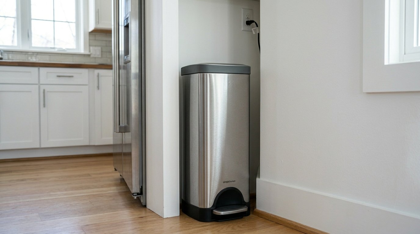Modern stainless steel trash can with a foot pedal positioned in a bright home kitchen.