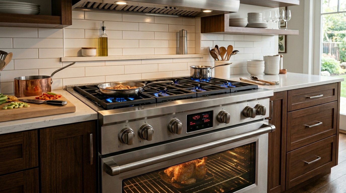 Stainless steel kitchen stove with lit burners and a whole chicken baking inside the oven.