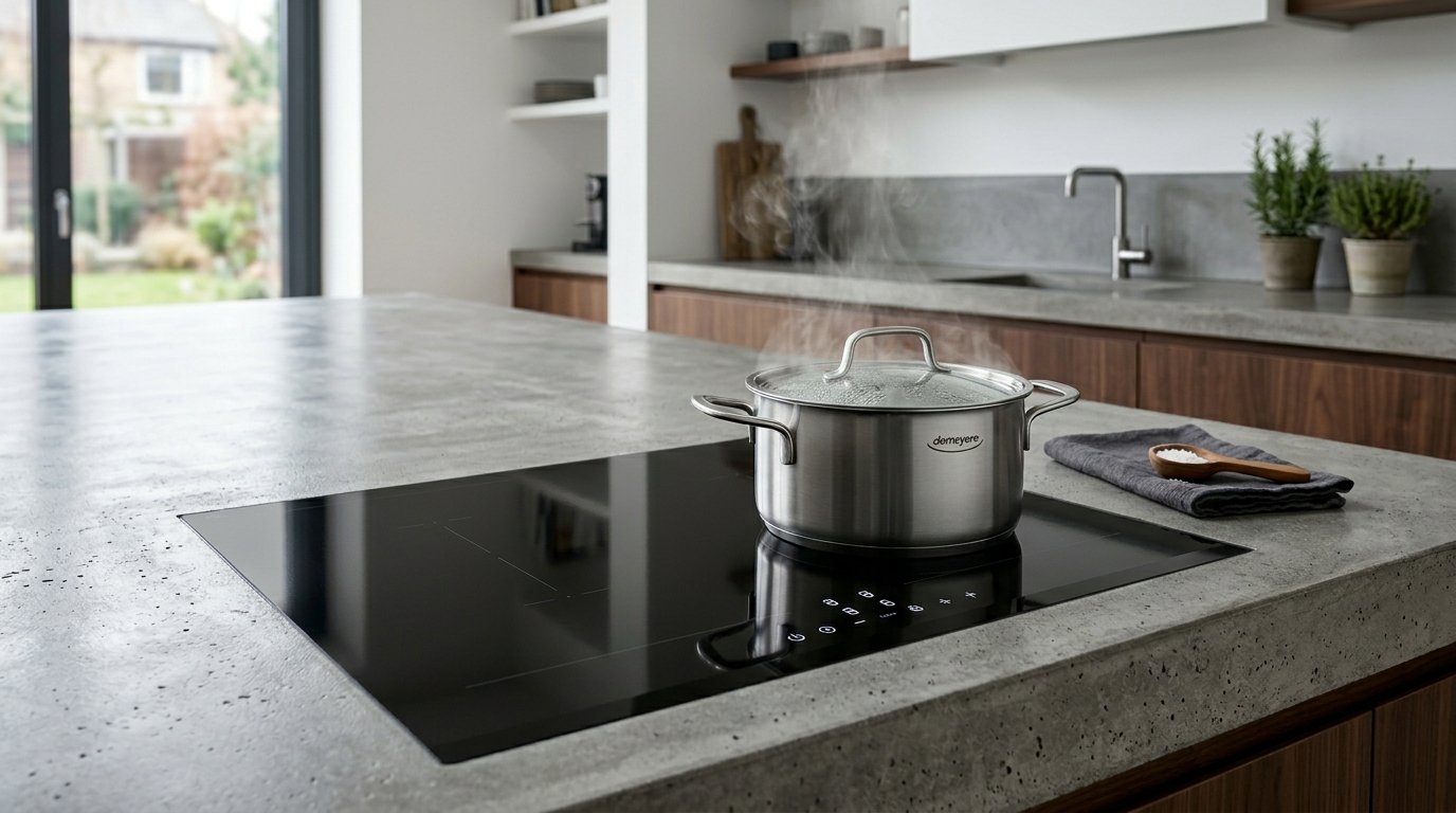 Steam rising from a covered metal cooking pot placed on a modern kitchen island countertop.