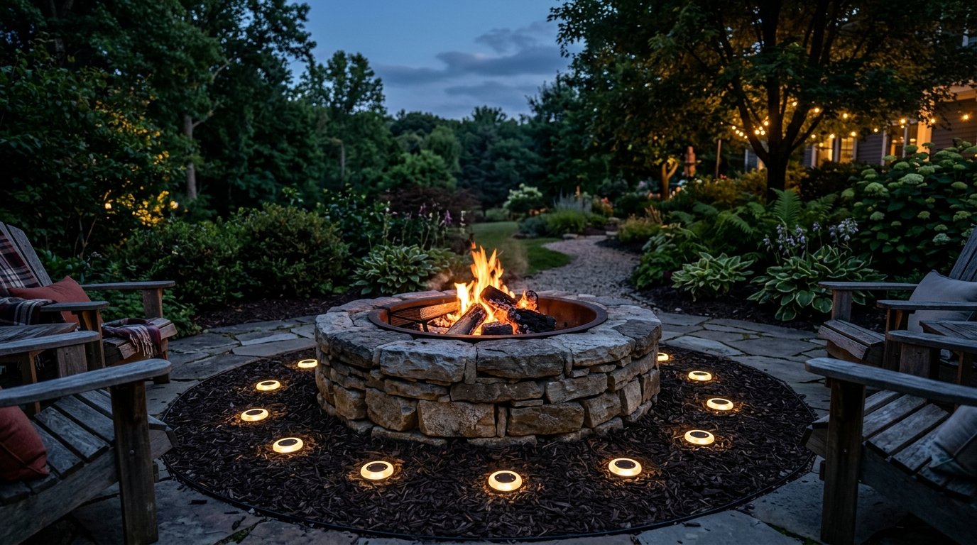 A stone fire pit surrounded by round solar lights on a dark patio with wooden chairs at dusk.