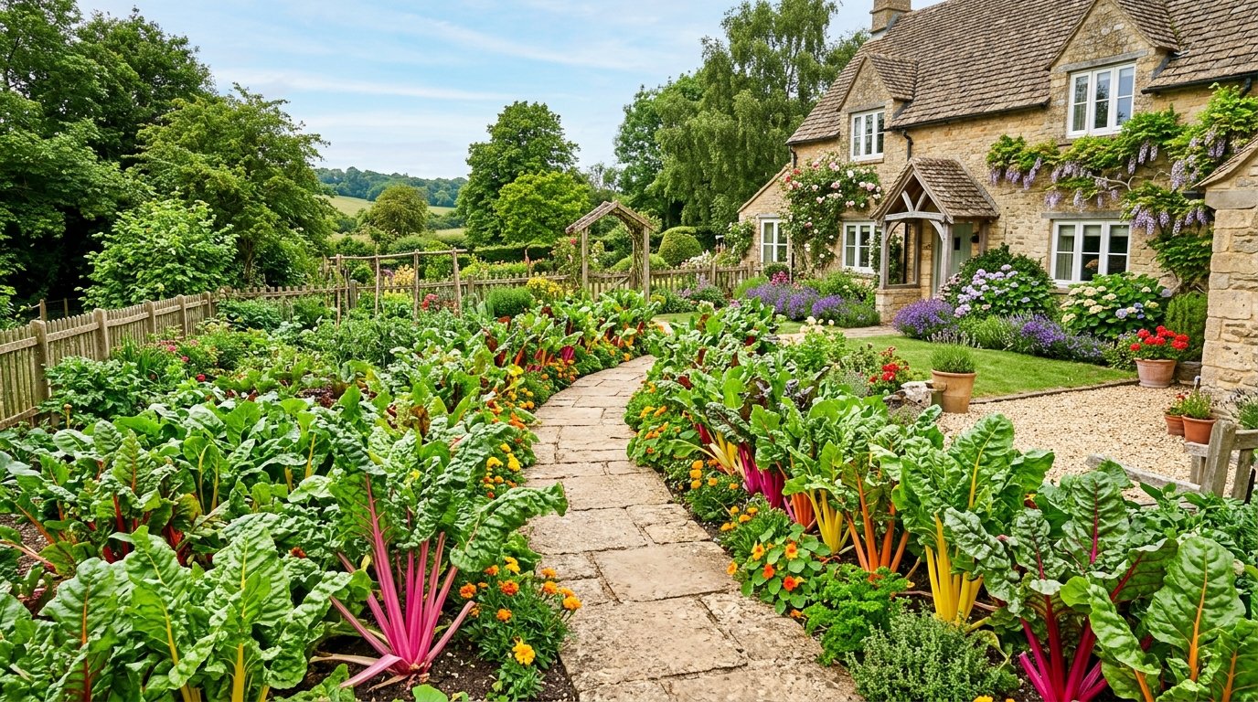 Colorful rainbow chard lines a stone path leading to a rustic stone cottage with blooming flowers.