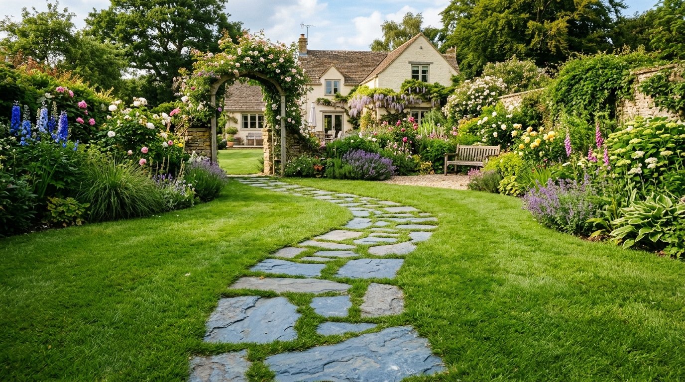 Flagstone path leading towards a rose-covered archway and a traditional stone cottage surrounded by blooming flowers.