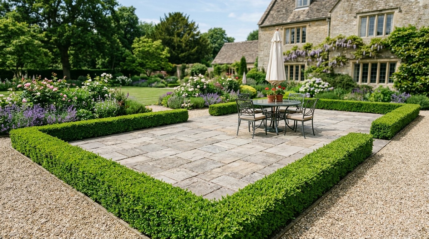 Outdoor stone dining area surrounded by trimmed green hedges in a lush English country garden.