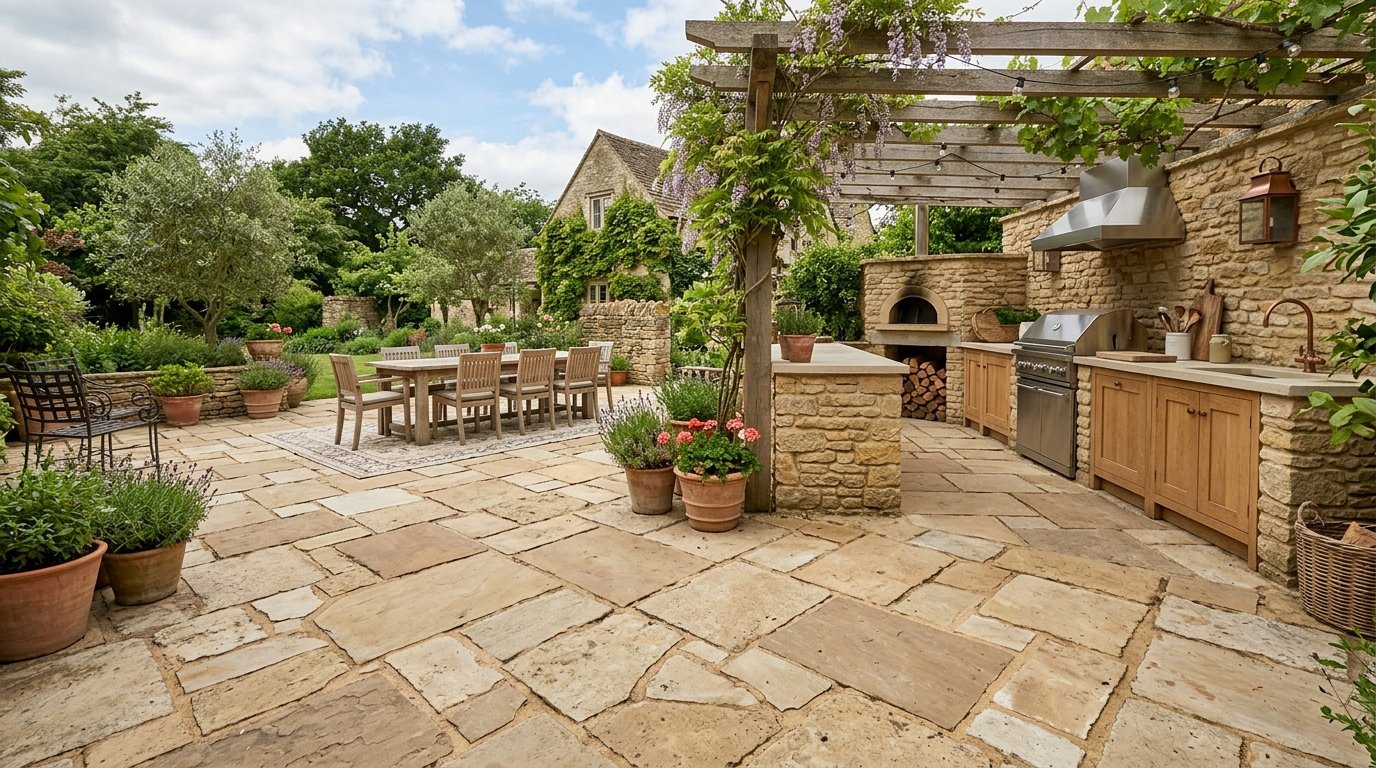 A limestone flagstone patio featuring a pergola, built-in BBQ grill, pizza oven, and a wooden table with chairs.