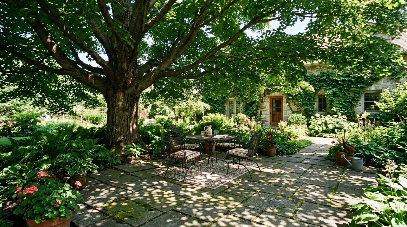 Round metal bistro table and chairs sitting on a patio rug in a lush green backyard garden.