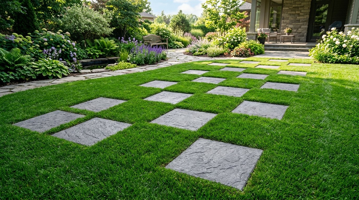 Square dark grey stepping stones arranged in a grid pattern across a manicured grass lawn in a backyard.