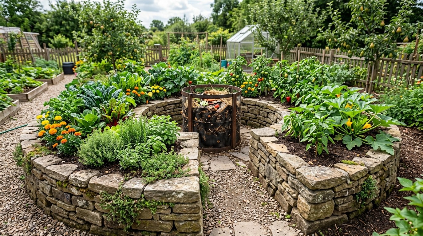 A round garden bed built from stacked stones containing herbs, vegetables, and flowers around a wire compost cylinder.