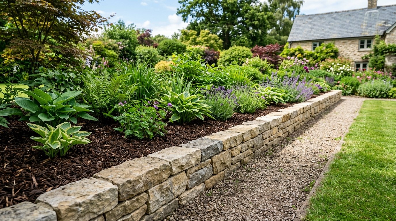 Dry stack stone wall lining a gravel path beside vibrant green hostas and purple lavender plants.