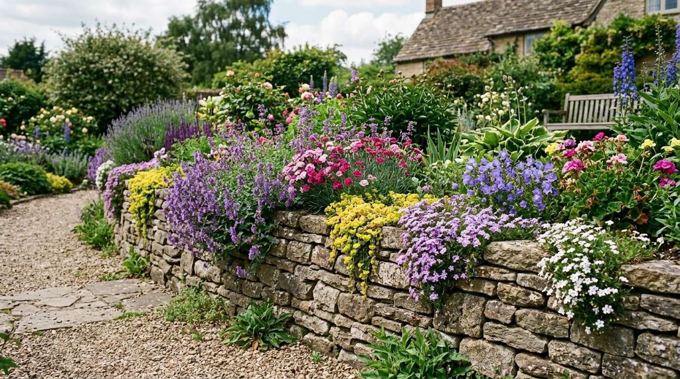 Vibrant purple, pink, and yellow flowers growing from a stacked stone retaining wall next to a gravel garden path.