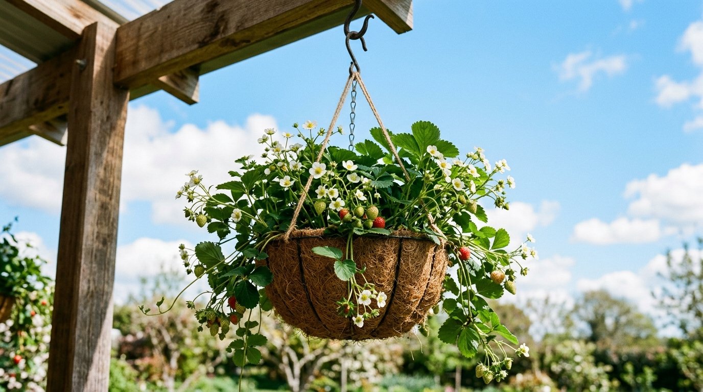 Flowering strawberry plant with small berries growing in a rustic basket hanging from a wooden garden structure.