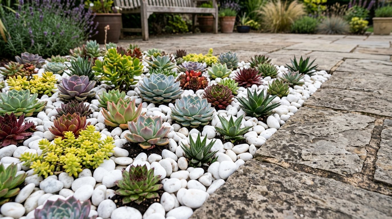 Many colorful succulents planted in a patch of decorative white river rocks next to a stone patio.
