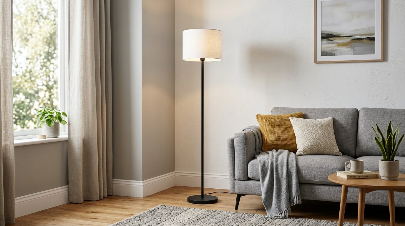 A slender black floor lamp standing beside a grey fabric sofa with yellow and textured throw pillows.