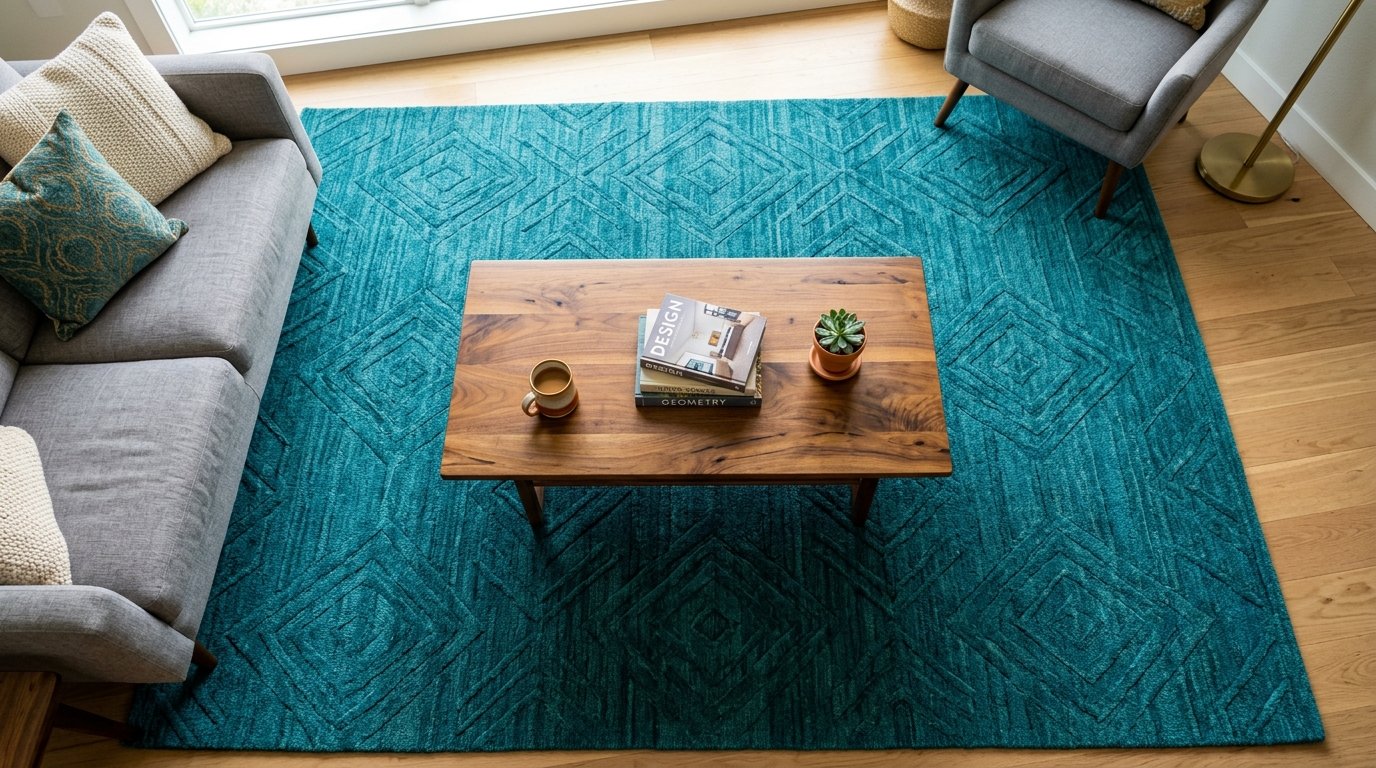 High angle shot of a large teal textured rug under a wooden coffee table in a contemporary living room.
