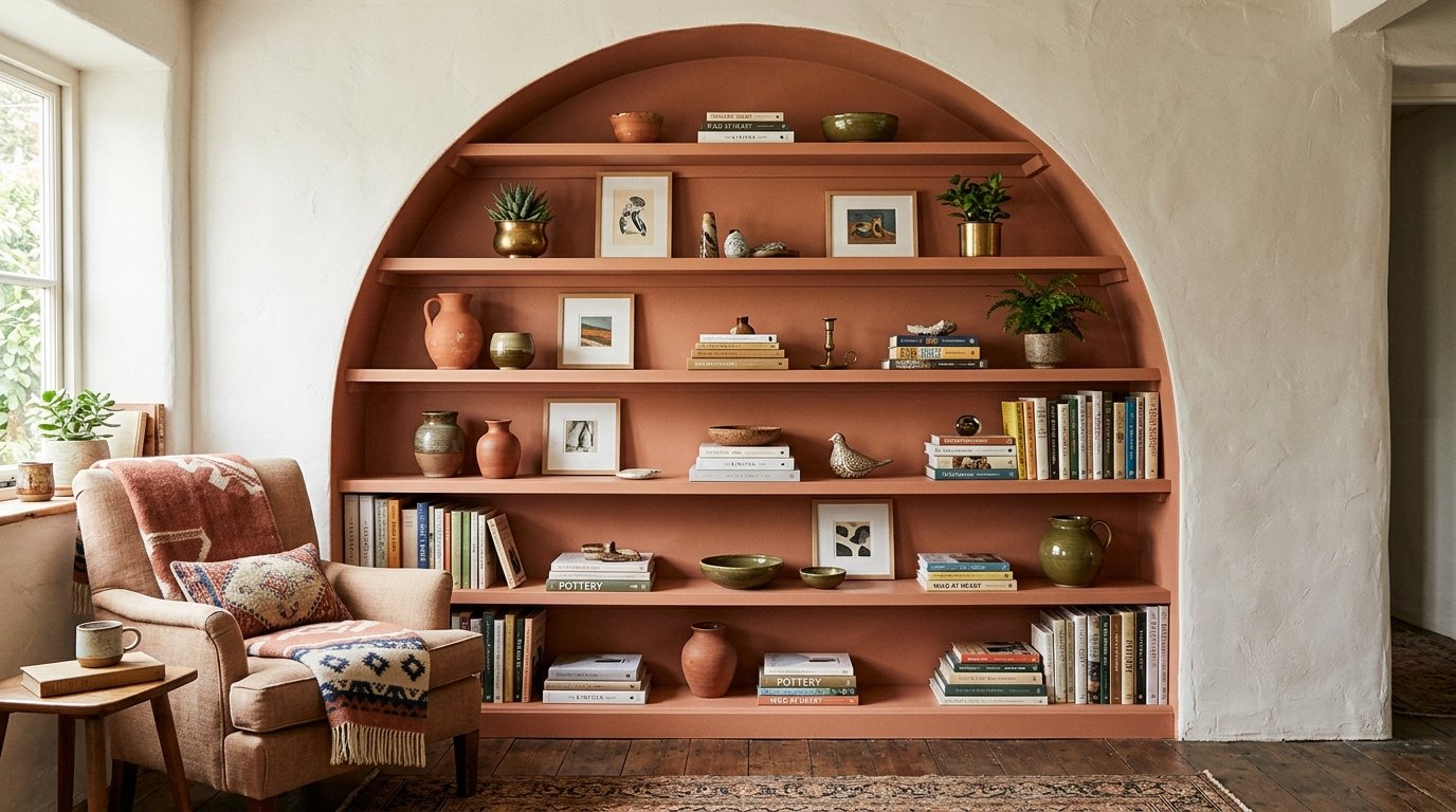 A beige armchair sits beside a built-in, terracotta-colored arched shelving unit filled with books and ceramic decor.