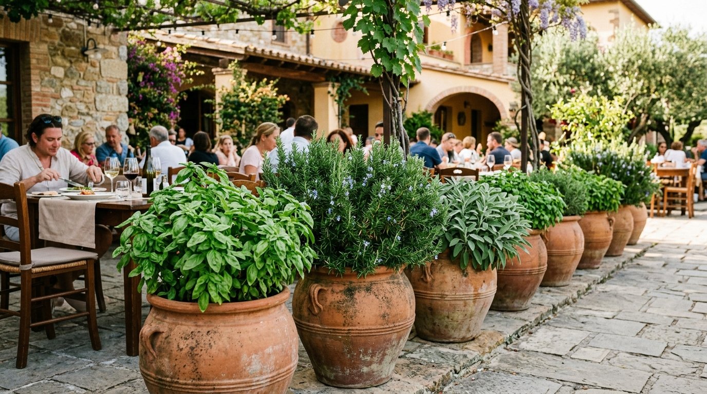 Row of large clay pots featuring basil and rosemary at an outdoor dining event in Italy.
