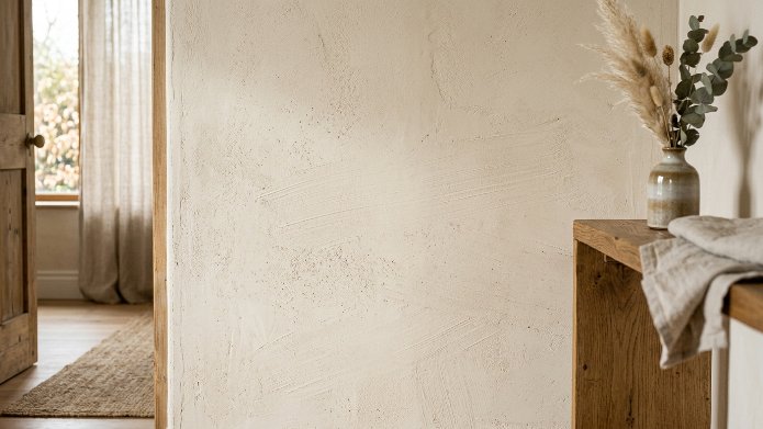 Close up of a plaster wall in neutral tones next to a wooden table with a vase of dried flowers.