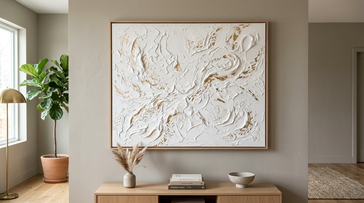 Heavy impasto painting with gold leaf accents hung above a wooden console table with a small vase and stack of books.