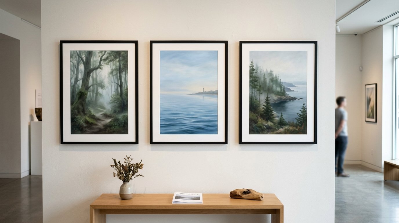 Three vertical landscape paintings featuring forest and ocean scenes hanging above a wooden console table.