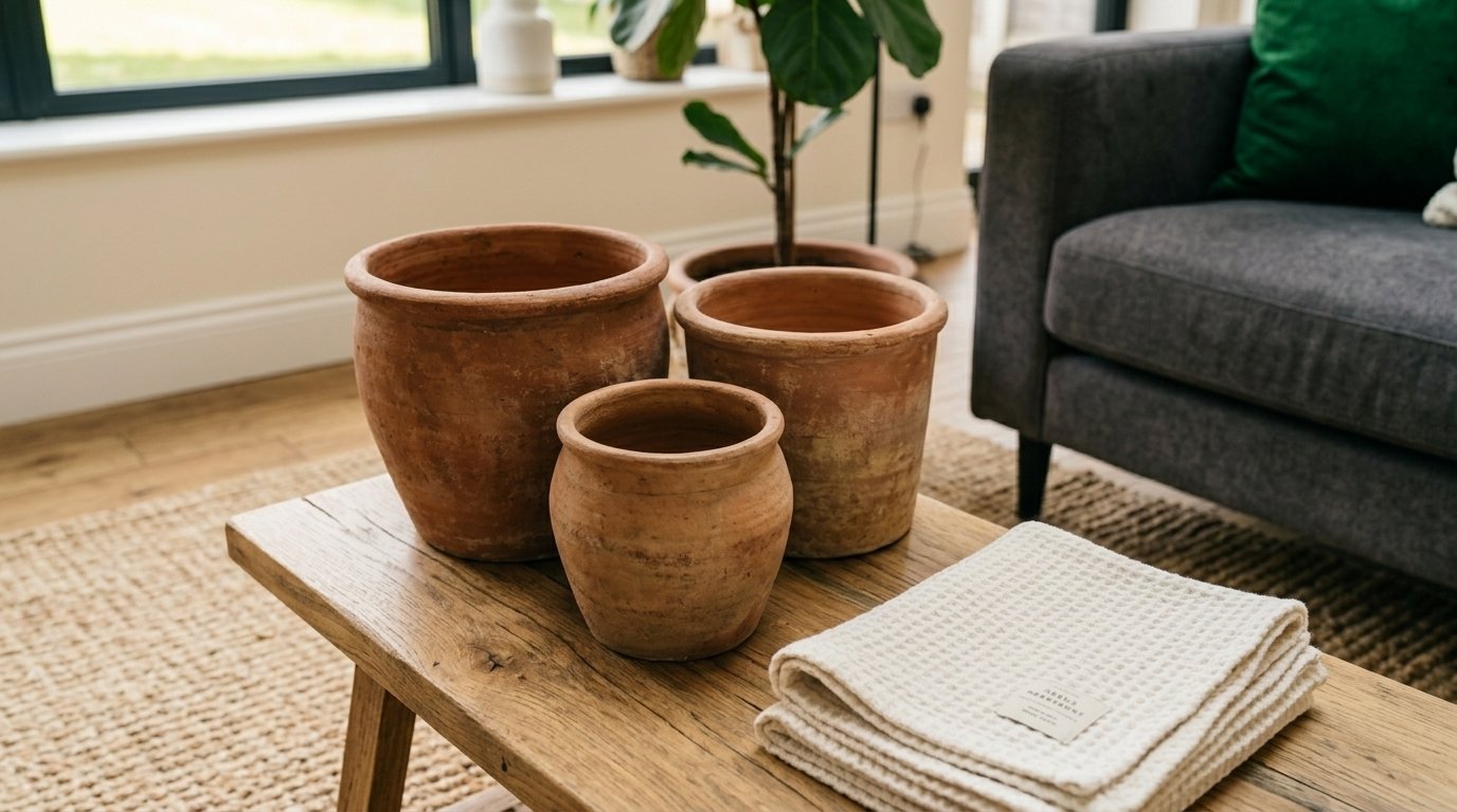 A trio of clay flower pots and a folded white waffle blanket sit on a rustic wooden table in a living room.
