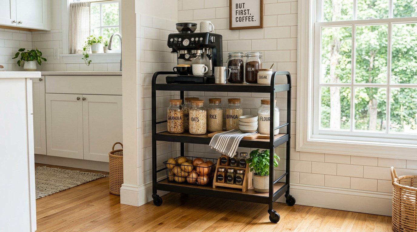 A black rolling storage cart with shelves holding coffee equipment, glass food canisters, onions, and fresh herbs.