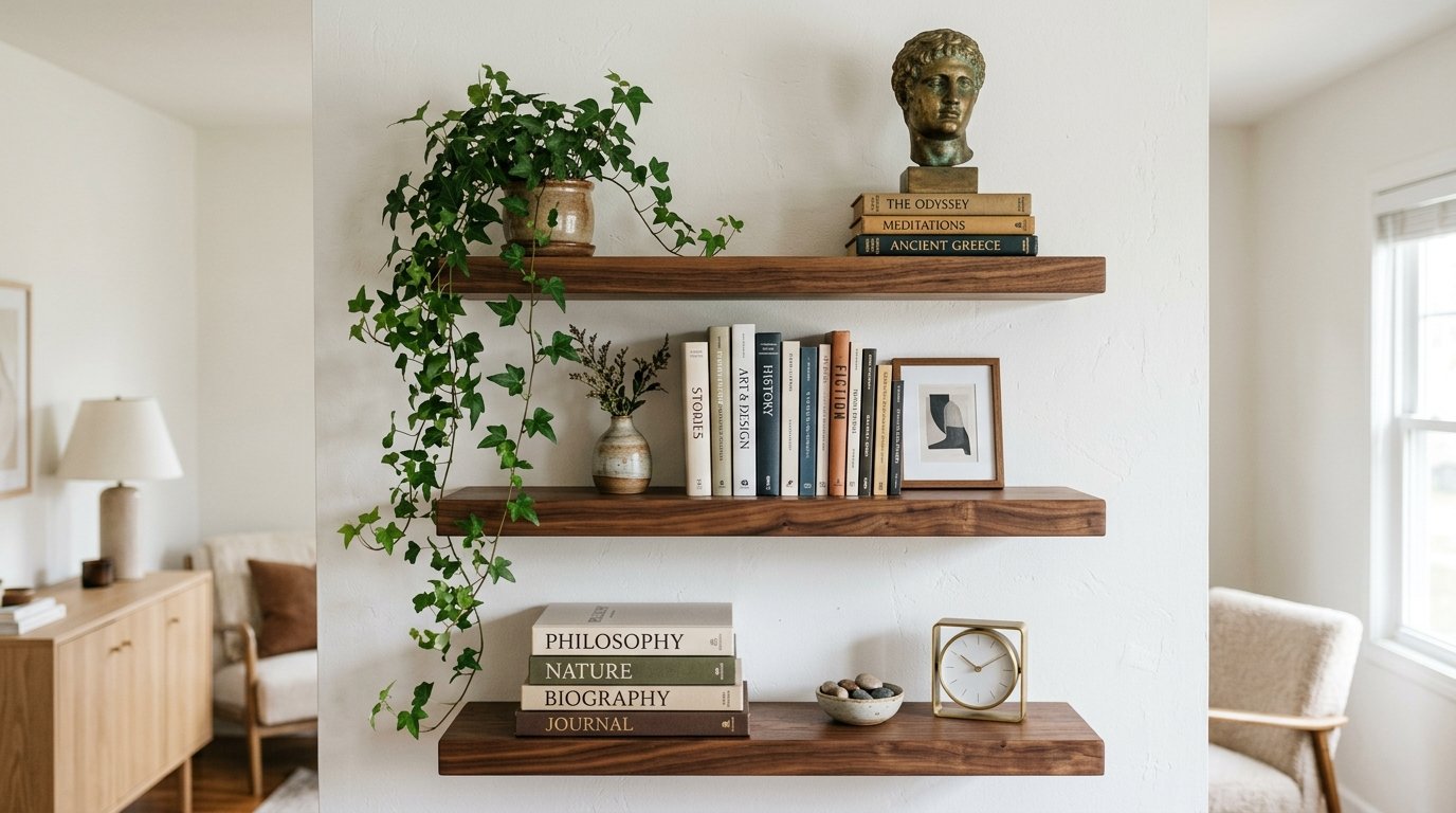 Floating walnut shelves decorated with a trailing ivy plant, classic books, a bronze head bust, and a modern clock.