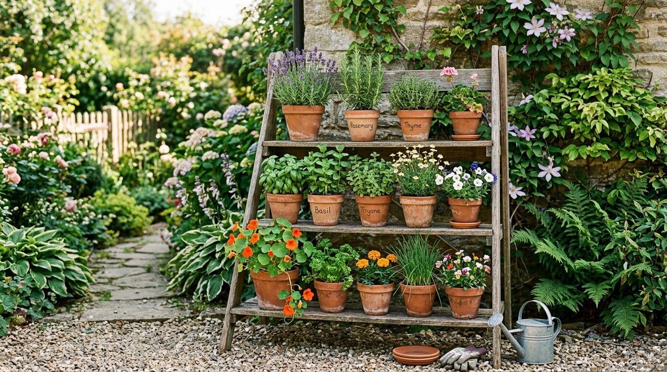 Collection of terracotta pots containing herbs and blooms arranged on a rustic three-tier garden ladder.