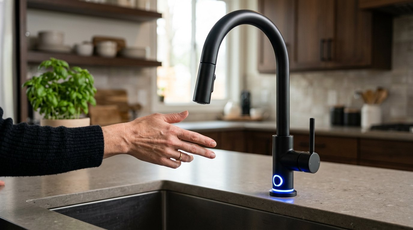 Person using a hand gesture to control a glowing blue modern matte black kitchen faucet over a sink