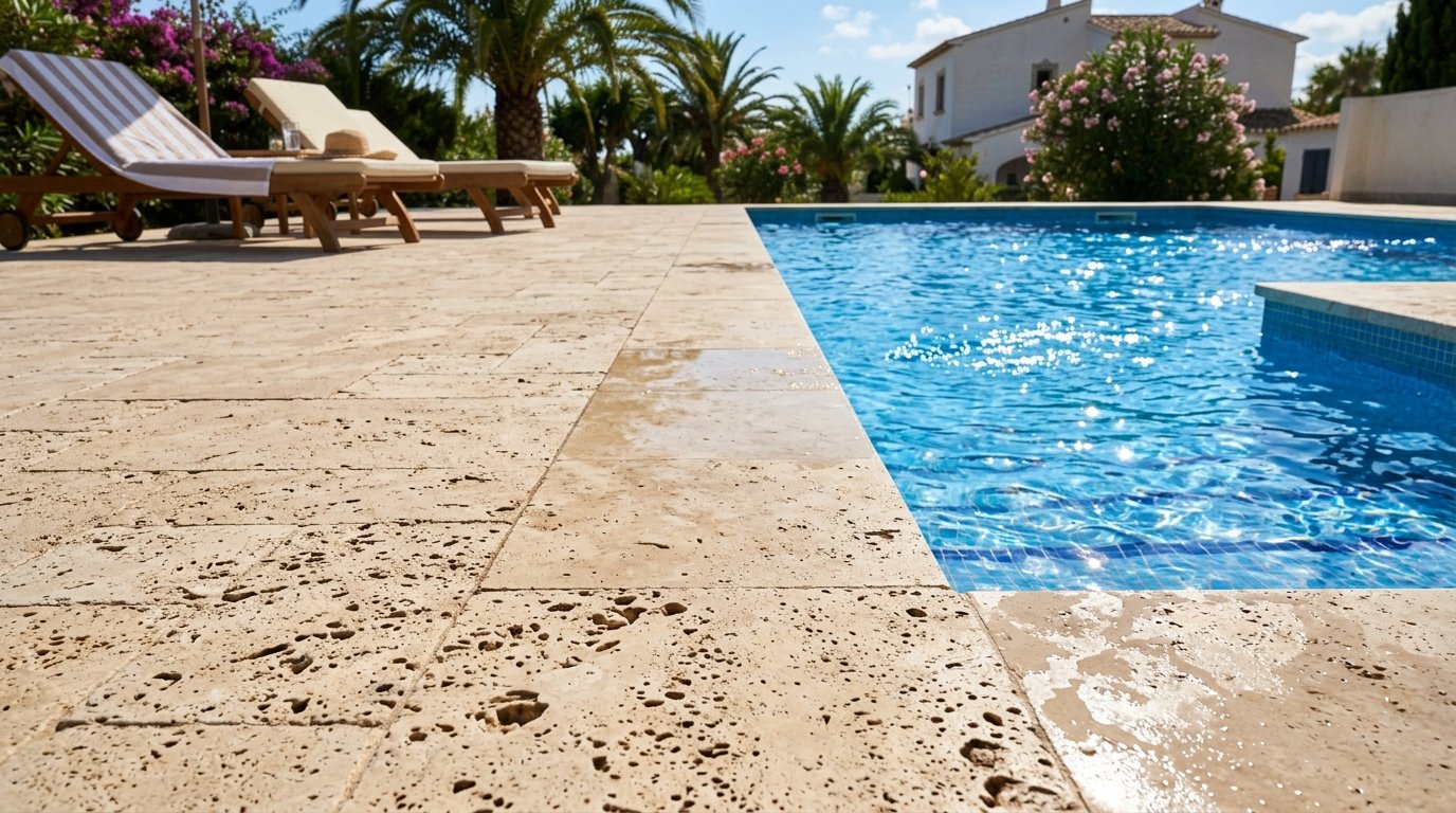 Natural beige travertine stone pavers surrounding a bright blue outdoor pool with lounge chairs.