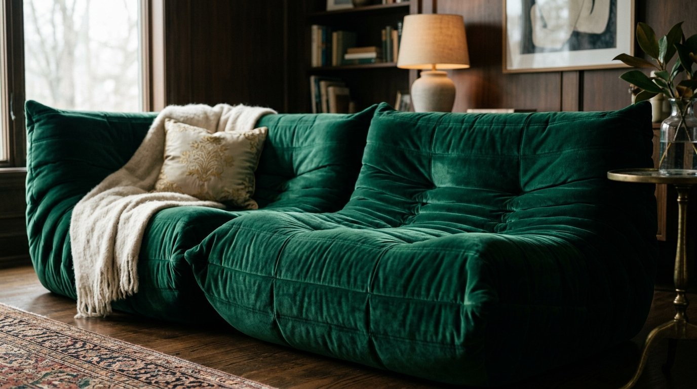 A deep green velvet tufted lounge couch sits on a wooden floor with a white blanket and patterned pillow.