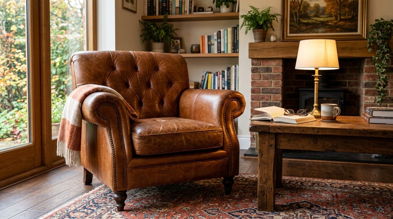 Distressed brown leather tufted chair beside a wooden coffee table with a lamp and open book.