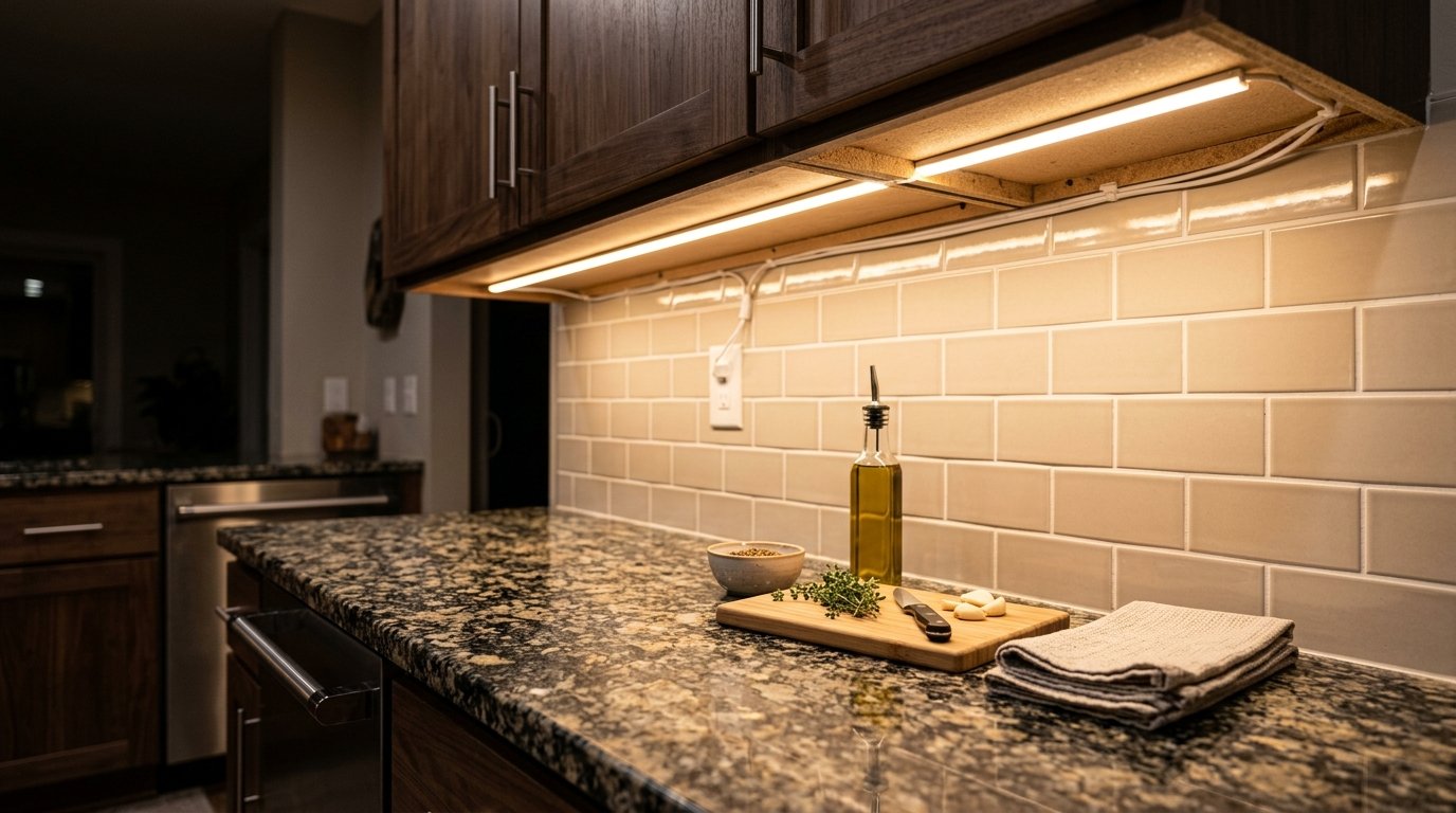 Modern kitchen with granite countertops, tiled backsplash, and bright under-cabinet lighting strips.