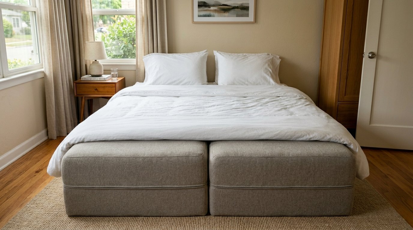 Close up of an upholstered beige platform bed base sitting on a textured rug in a bright room.