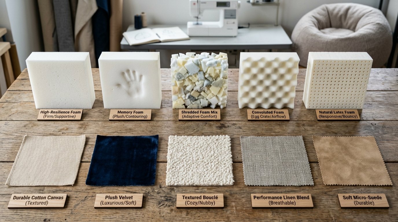 Five foam blocks and five textile squares labeled on a wooden craft table.
