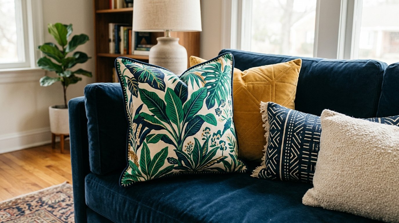 A navy blue couch features a green leaf print pillow, a mustard yellow quilted cushion, and textured white fabric.