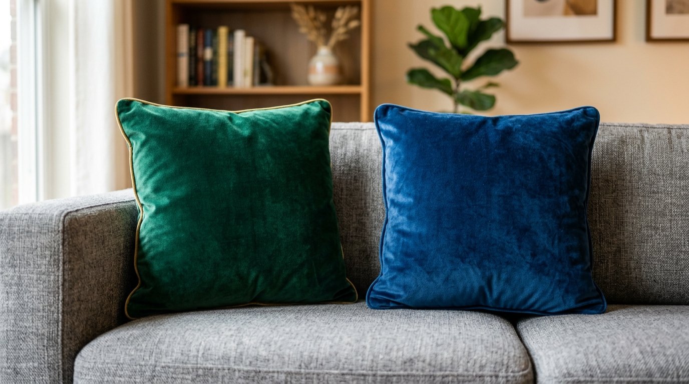 A vibrant green cushion and a deep blue pillow rest on a neutral grey upholstered sofa in a living room.