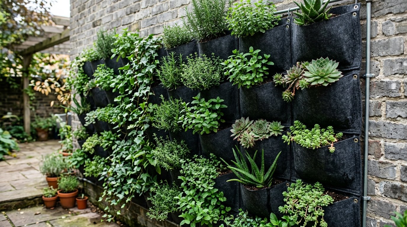 Felt pockets filled with various herbs and succulents attached to a grey exterior brick wall.