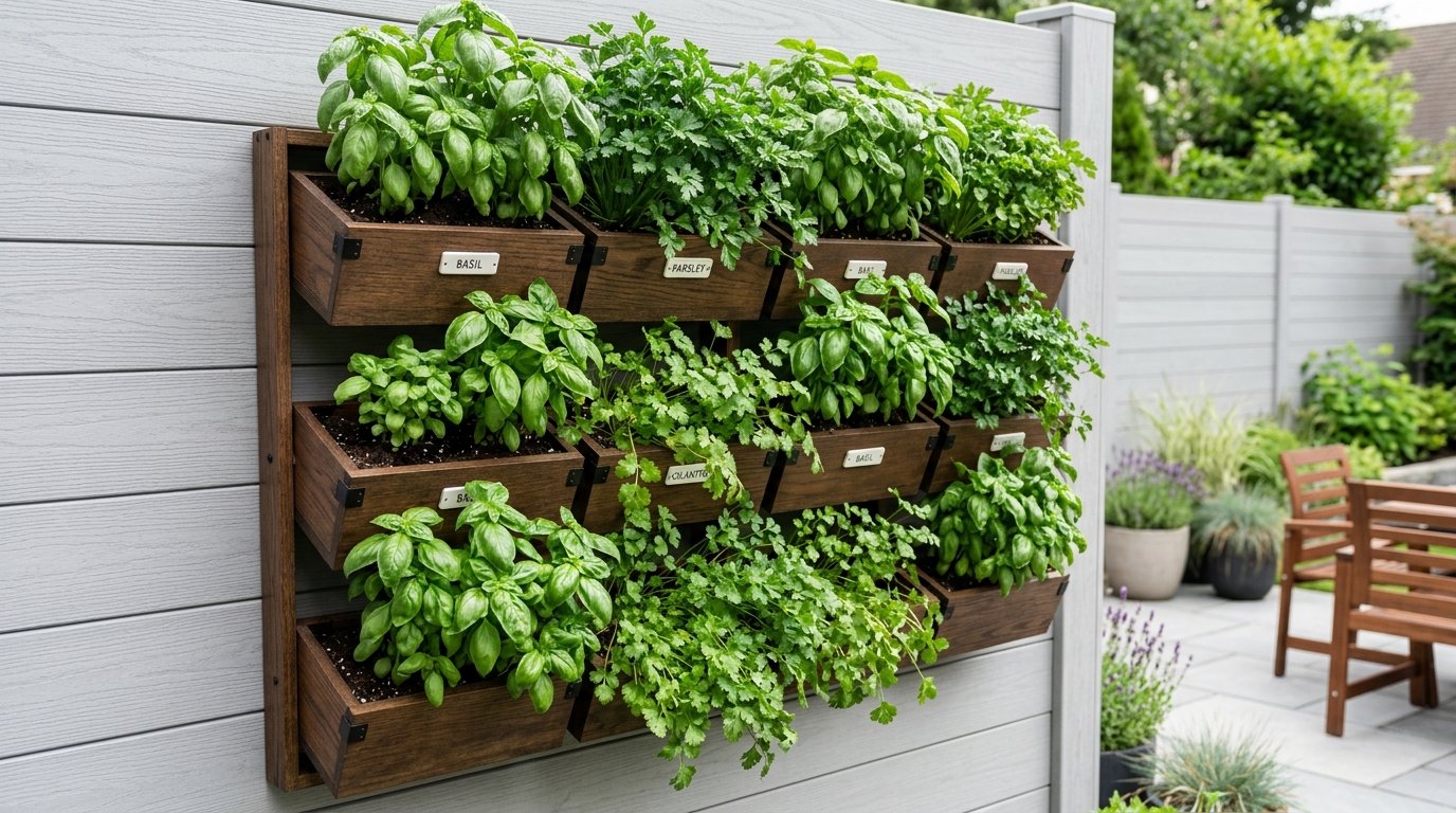A dark wood vertical planter unit mounted on a grey fence filled with basil, parsley, and cilantro.
