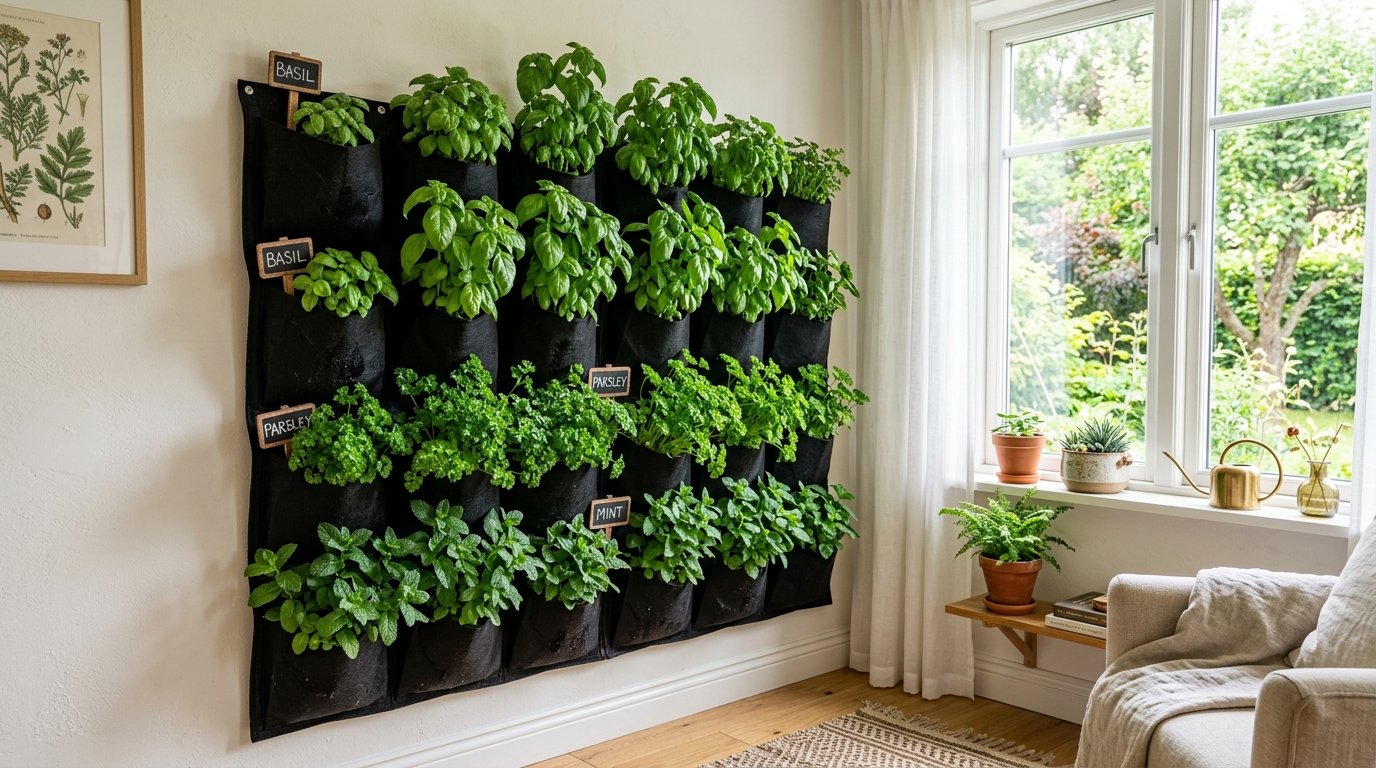 Black fabric wall planter filled with basil, parsley, and mint plants near a sunlit window.