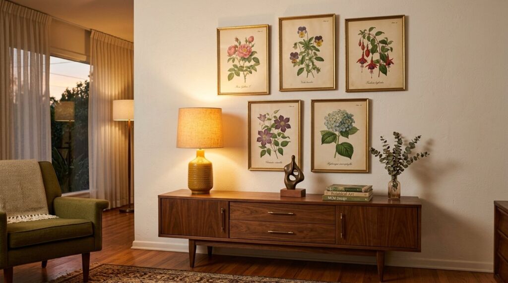 Five vintage botanical prints arranged in a gallery wall layout in a bright living room.