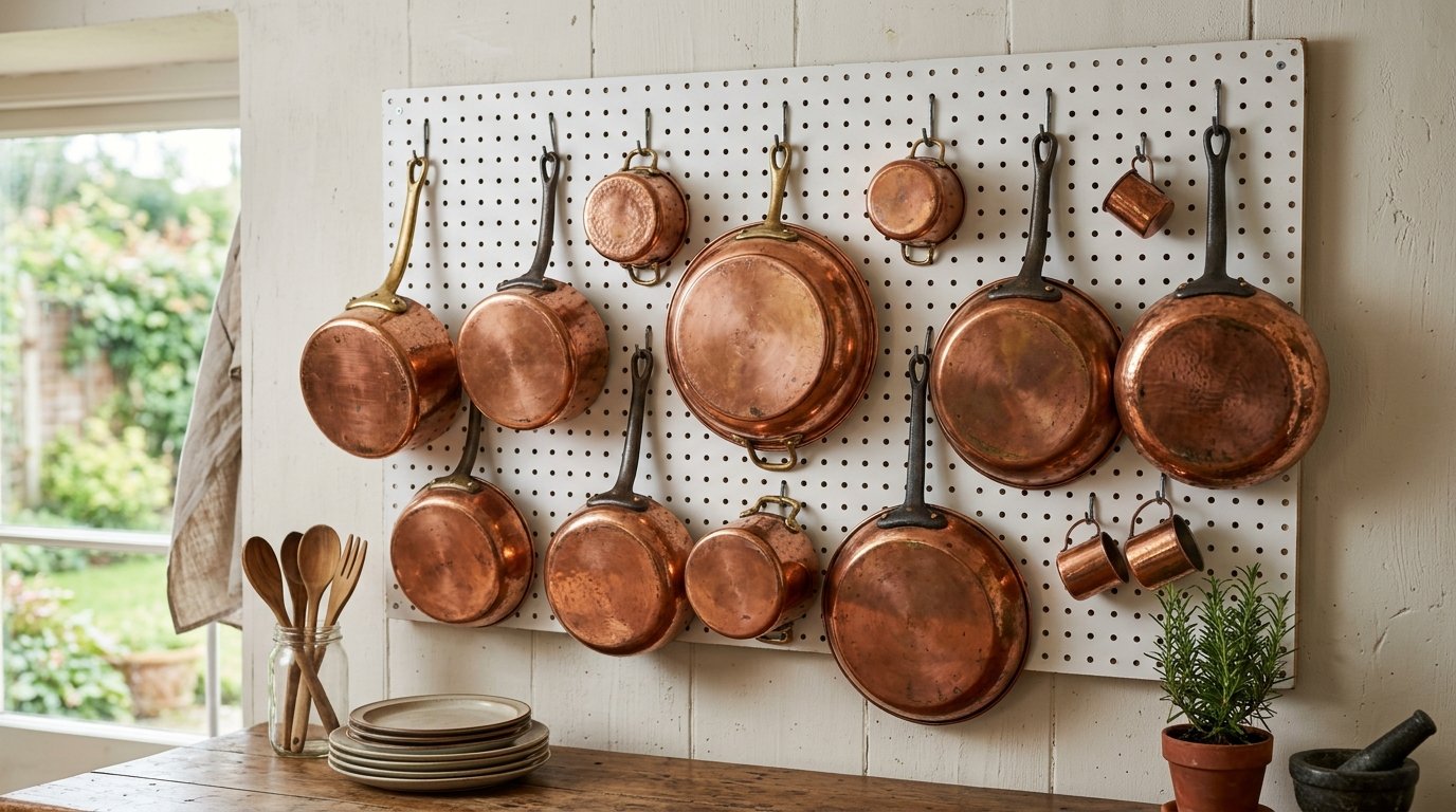 A collection of antique copper pans and small pots suspended on a white wall pegboard above a wooden counter.