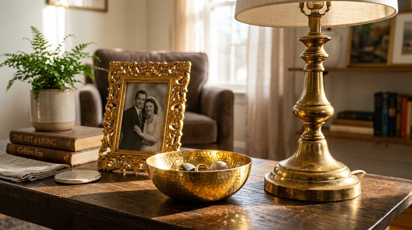 Antique brass lamp and gold picture frame with a couple's photo on a wooden tabletop.
