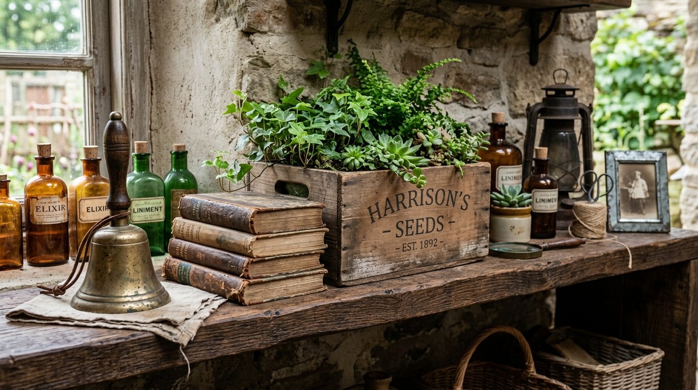 A wooden crate marked Harrison's Seeds holds plants on a stone shelf with old bottles, books, and a metal lantern.