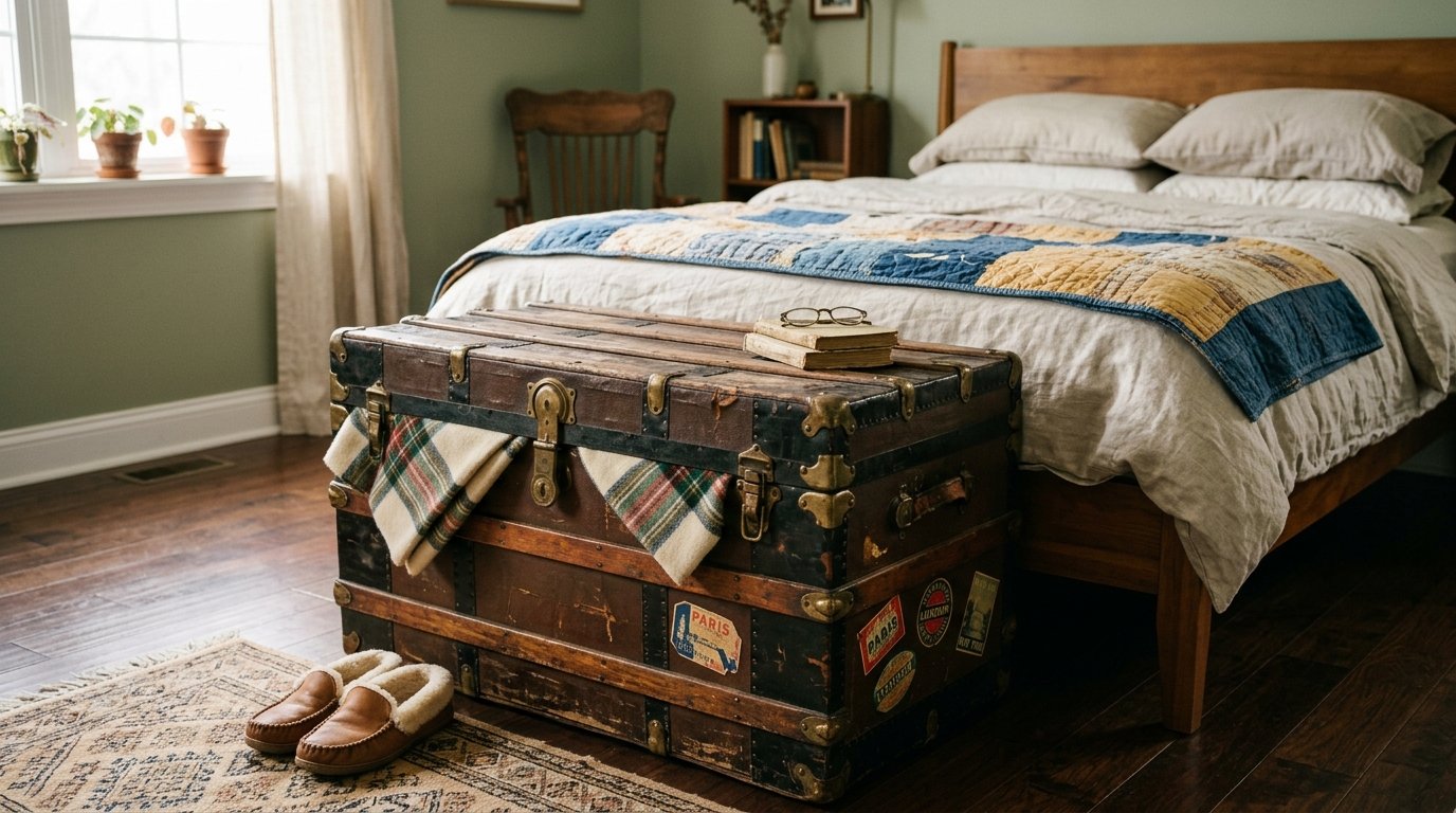 A rustic wood chest with metal hardware and travel stickers placed on a bedroom floor near a wooden frame bed.