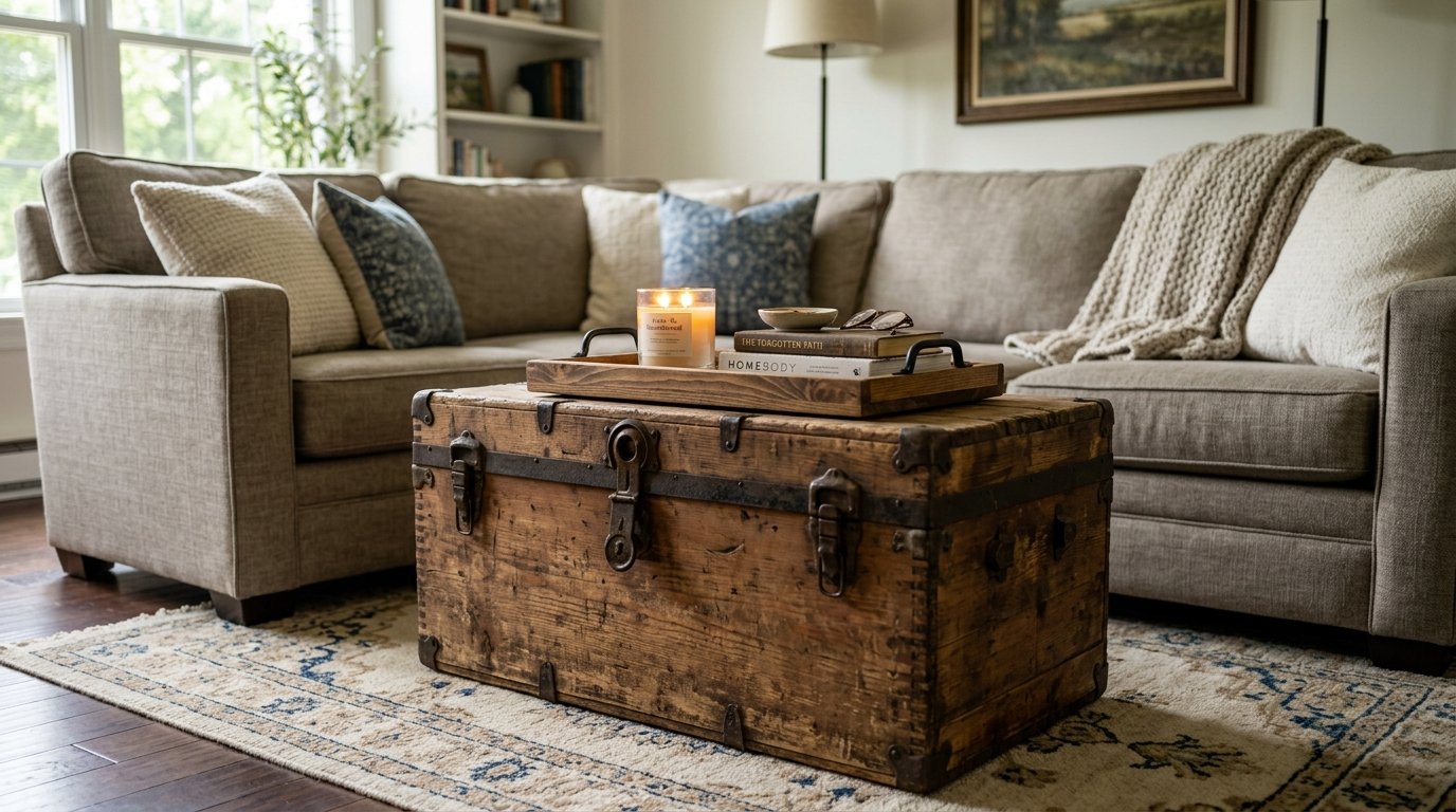An old wooden trunk with metal latches serves as a table holding a candle and books in a cozy living room.