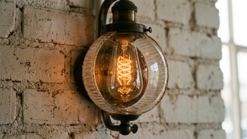 Round ribbed glass sconce with warm exposed filament bulb against a white brick wall.
