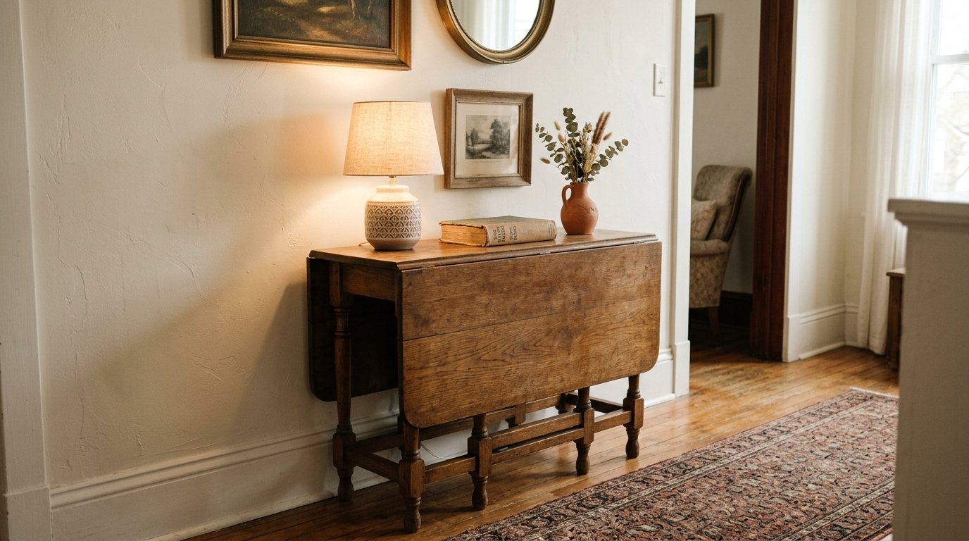 Small wooden table with a lamp, a book, and a vase of dried flowers in a hallway.