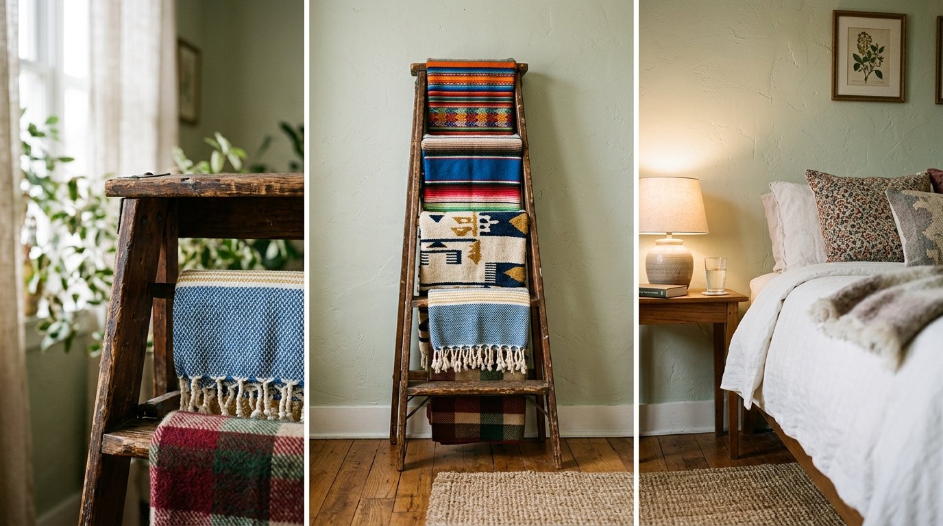 A decorative wooden ladder leaning against a sage green wall, holding multiple folded woven blankets.